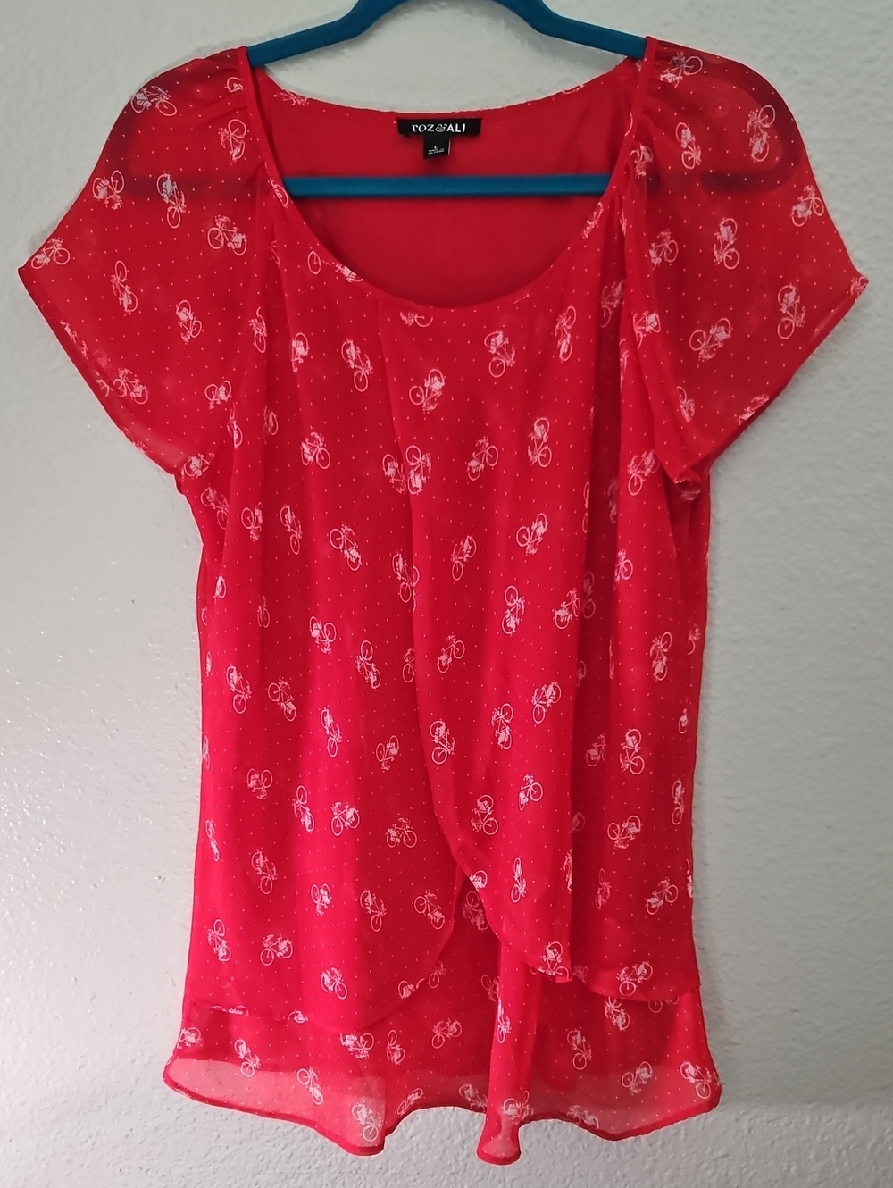 Roz & Ali Red Bicycle Print Layered Blouse Size L Whimsical Cottagecore Lined